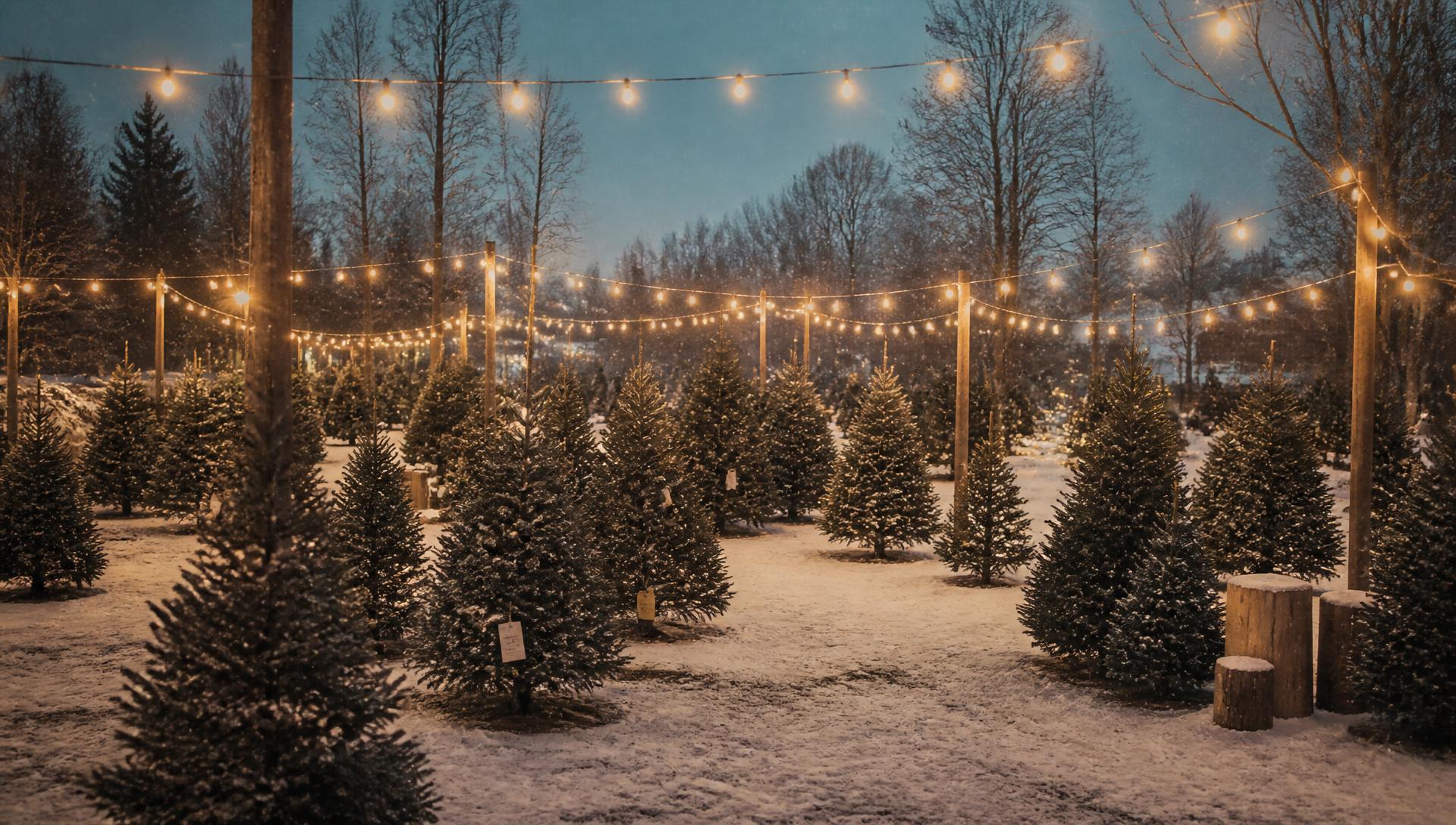 A quaint rustic Christmas tree lot at dusk with fewer trees, overhead twinkling string lights, and no attendant booth or cabin