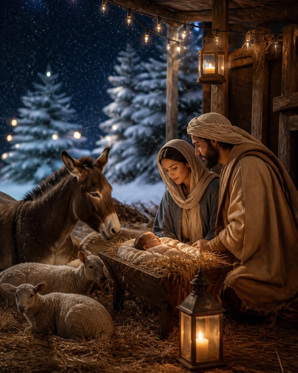 A live nativity scene with Mary, Joseph, and baby Jesus in a wooden manger, surrounded by sheep and lantern light
